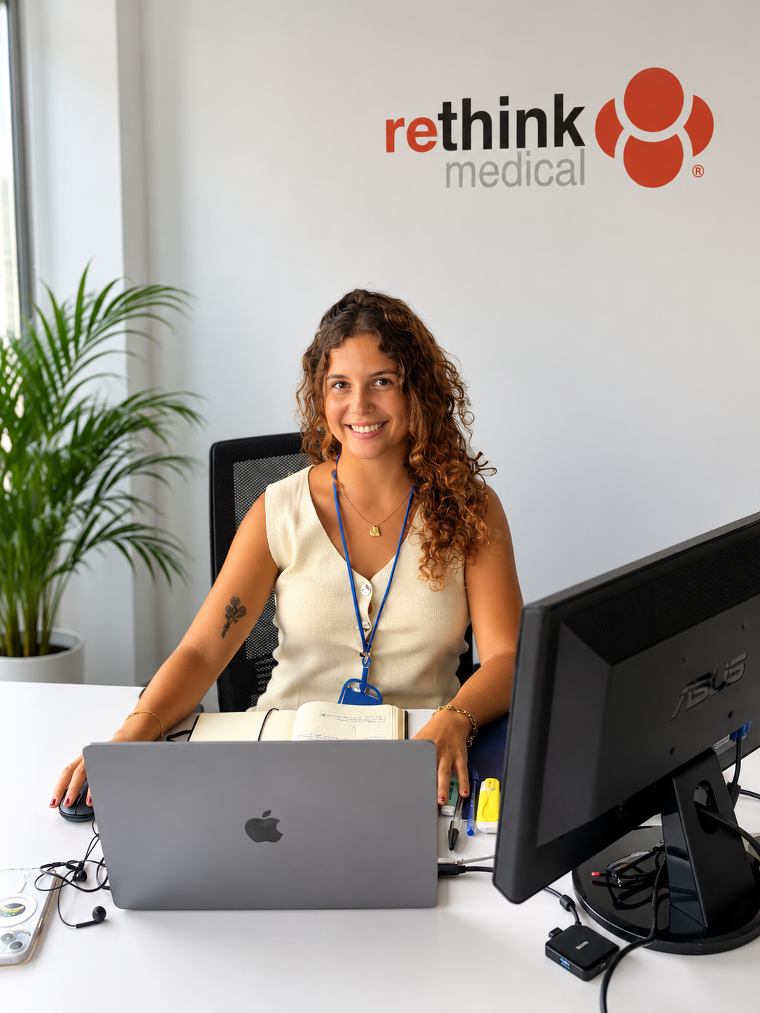 Alba Jiménez Martel, Industrial Engineer, at her desk in the Rethink Medical office