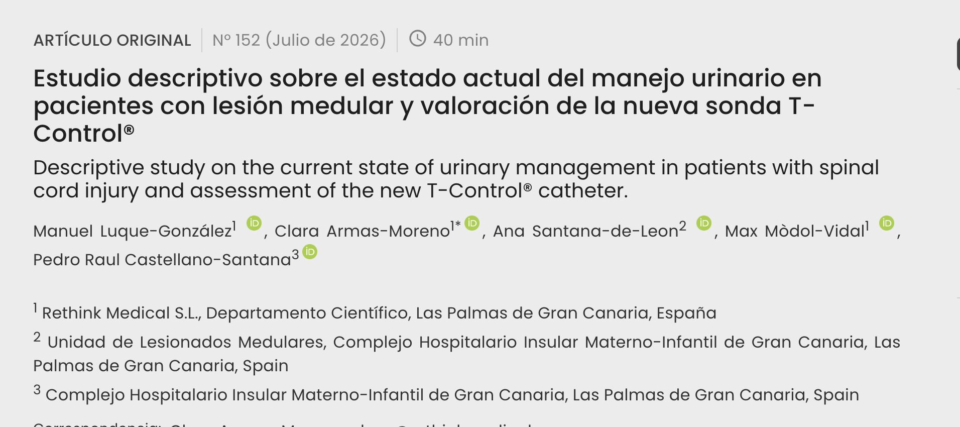 Opening page of the ENFURO journal article on urinary management in patients with spinal cord injury and assessment of the T-Control® catheter