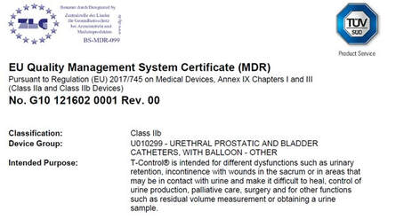 CE Mark certification for the T-Control® urinary catheter